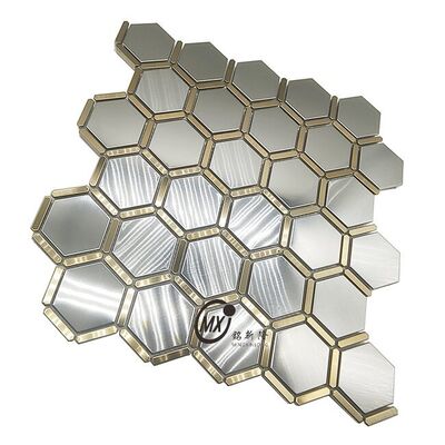 Gold-Edged Mixed Silver Brushed Hexagonal Mosaic Stainless Steel  Waterproof & Rust-Resistant  for Indoor & Outdoor Construction
